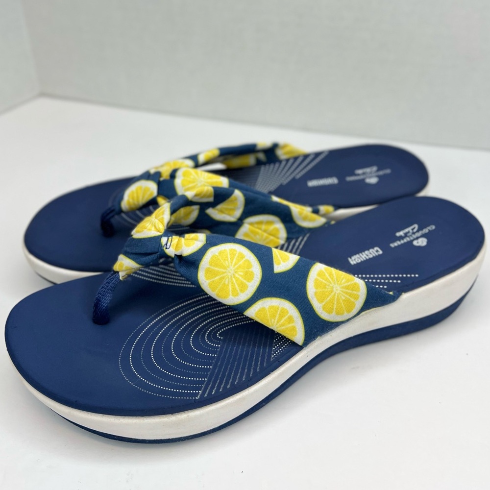Clarks Cloudsteppers Arla Gilson Womens Navy/Lemon Comfort Sandals Sz 9 XLNT